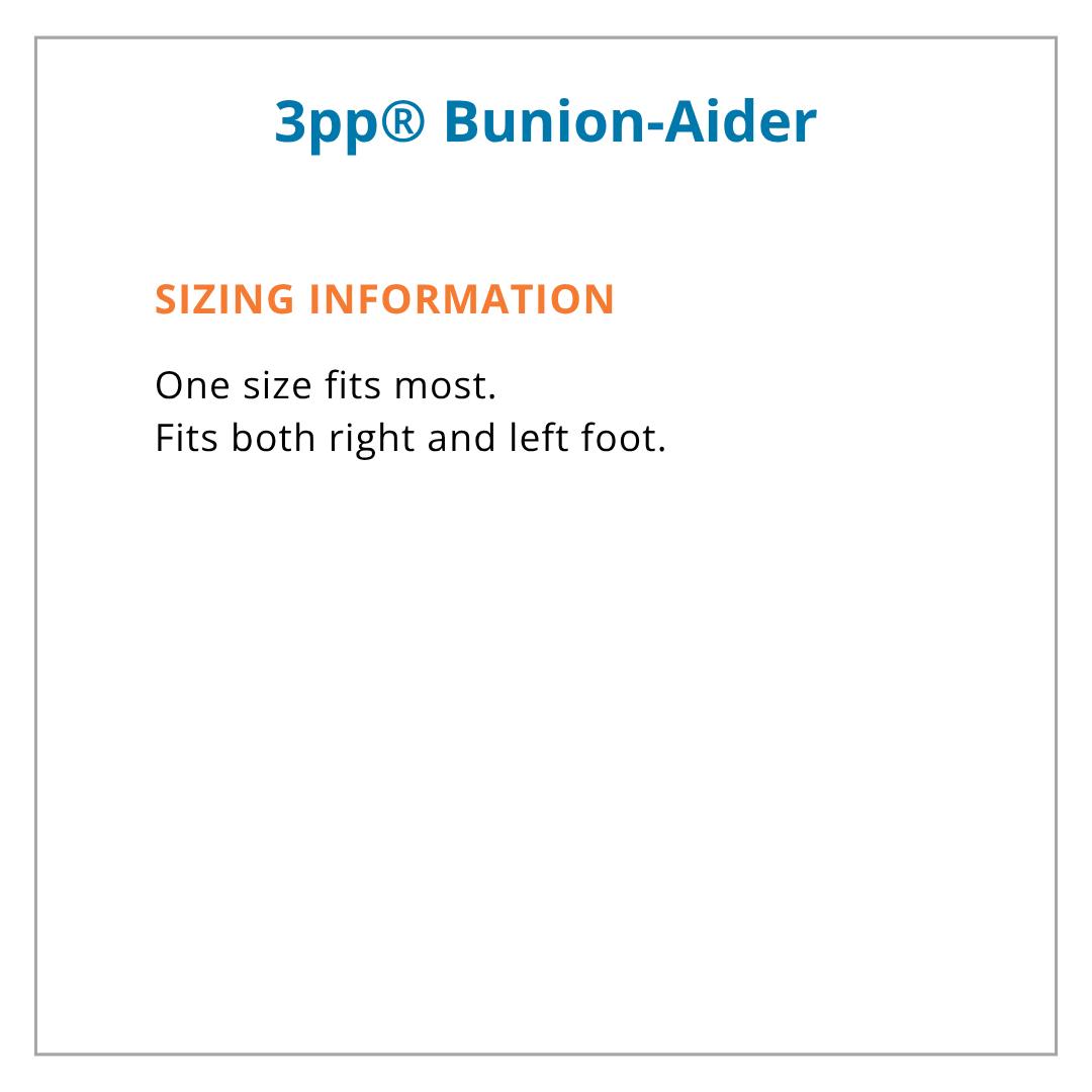 Sizing information for 3pp Bunion-Aider on a white background