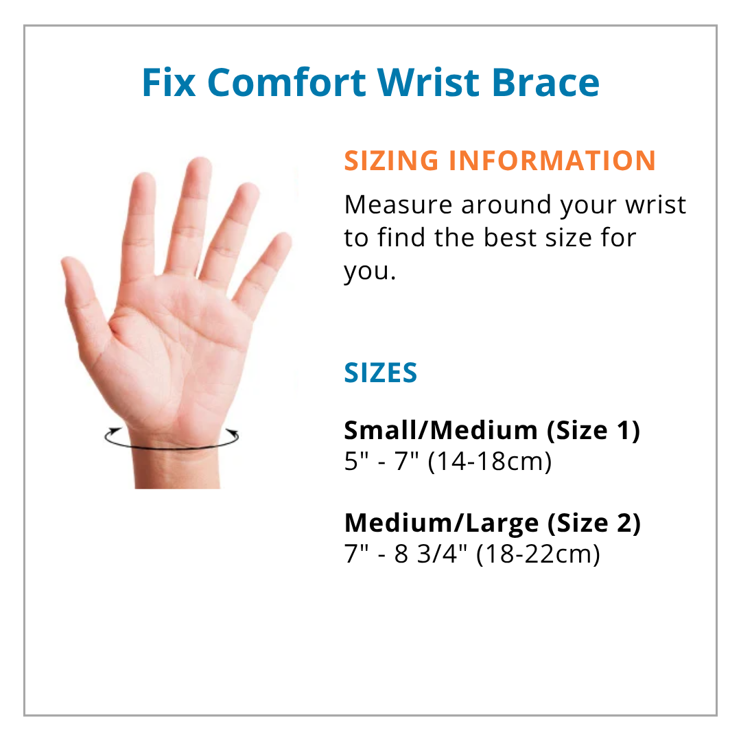 Sizing chart for a Fix Comfort Wrist Brace with hand measurement and size information.