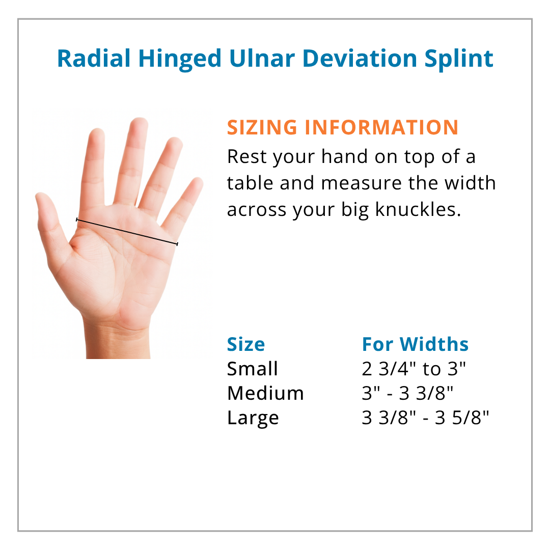 Sizing chart for a radial hinged ulnar deviation splint with hand measurement illustration.