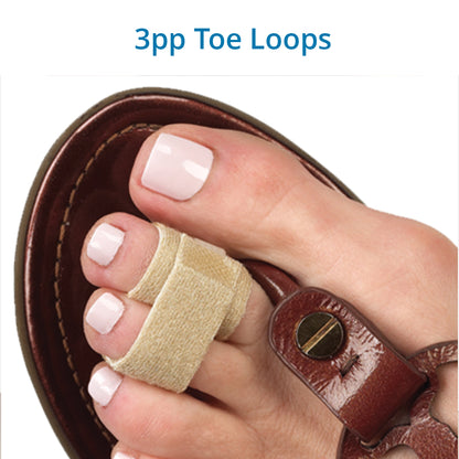 A foot wearing a beige colored 3pp Toe Loop inside a brown shoe, showcasing how the product is used to hold two toes together for a hurt or injured toe.