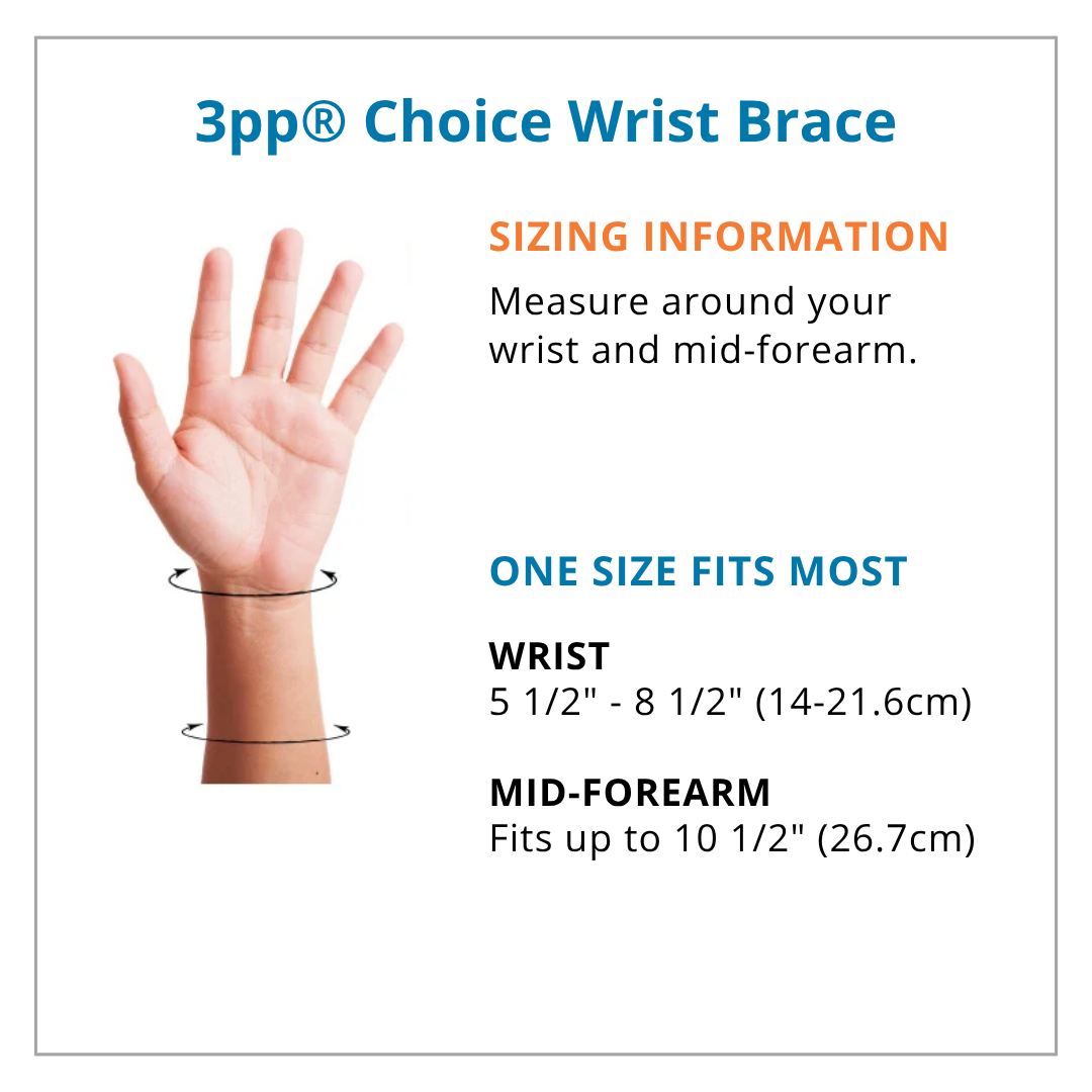 Measurement chart for 3pp Choice Wrist Brace with wrist and forearm dimensions.