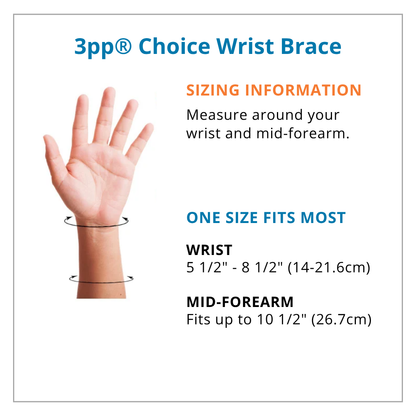 Measurement chart for 3pp Choice Wrist Brace with wrist and forearm dimensions.