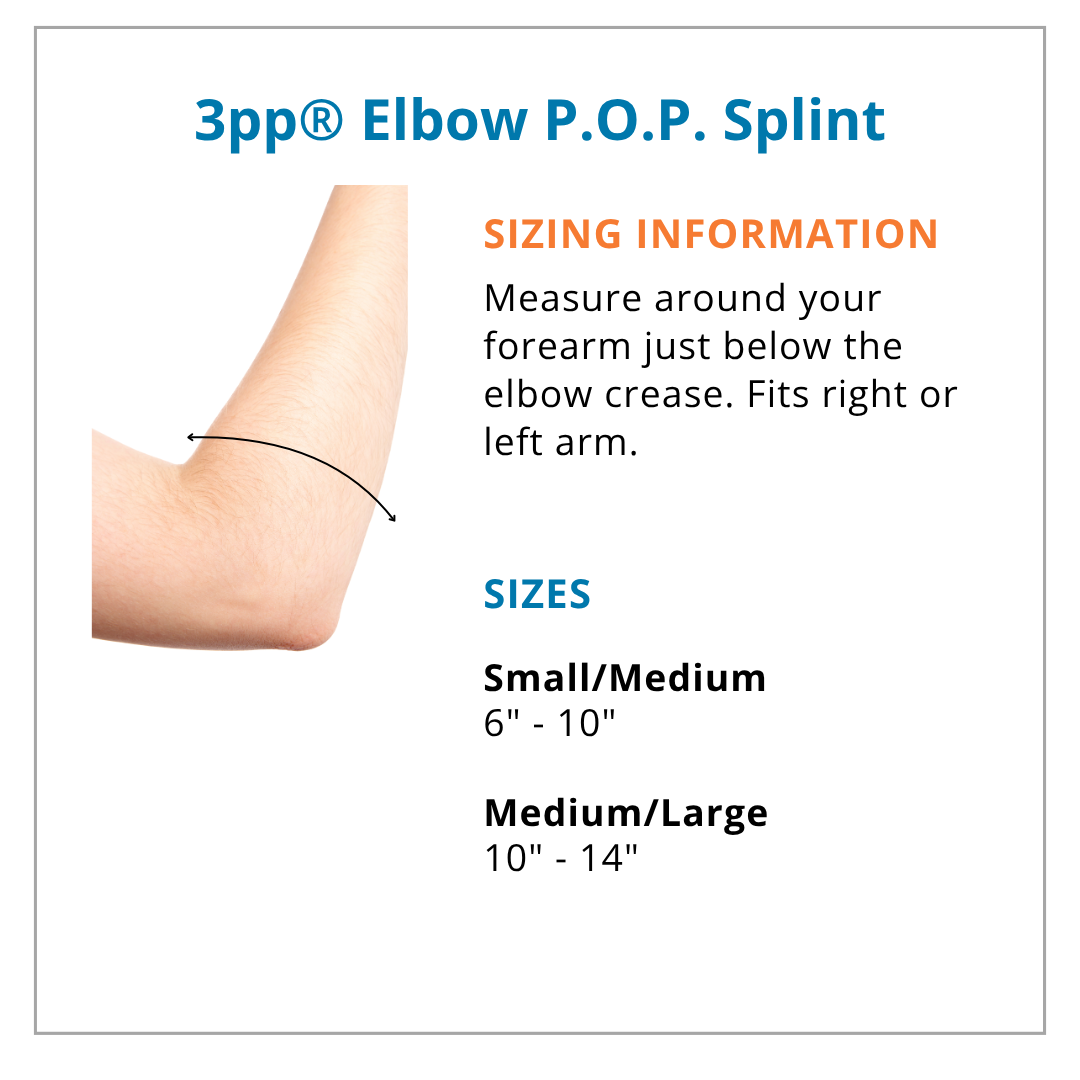 Elbow P.O.P. Splint sizing information with arm measurement guide.