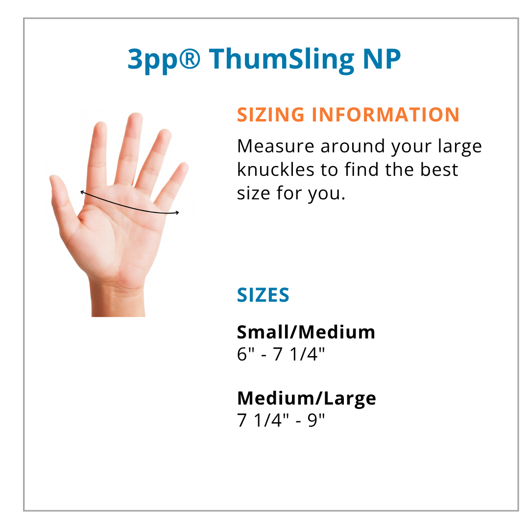 Sizing information for 3pp ThumSling NP product showing a hand measurement guide.
