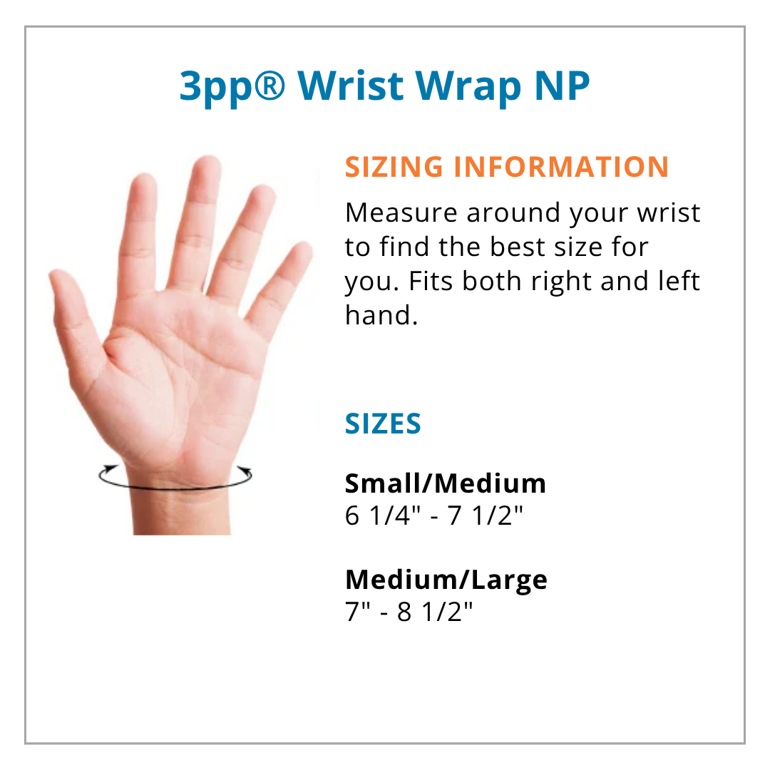 Measurement chart for 3pp Wrist Wrap NP showing wrist size range and measurement instructions.