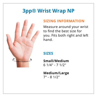 Measurement chart for 3pp Wrist Wrap NP showing wrist size range and measurement instructions.