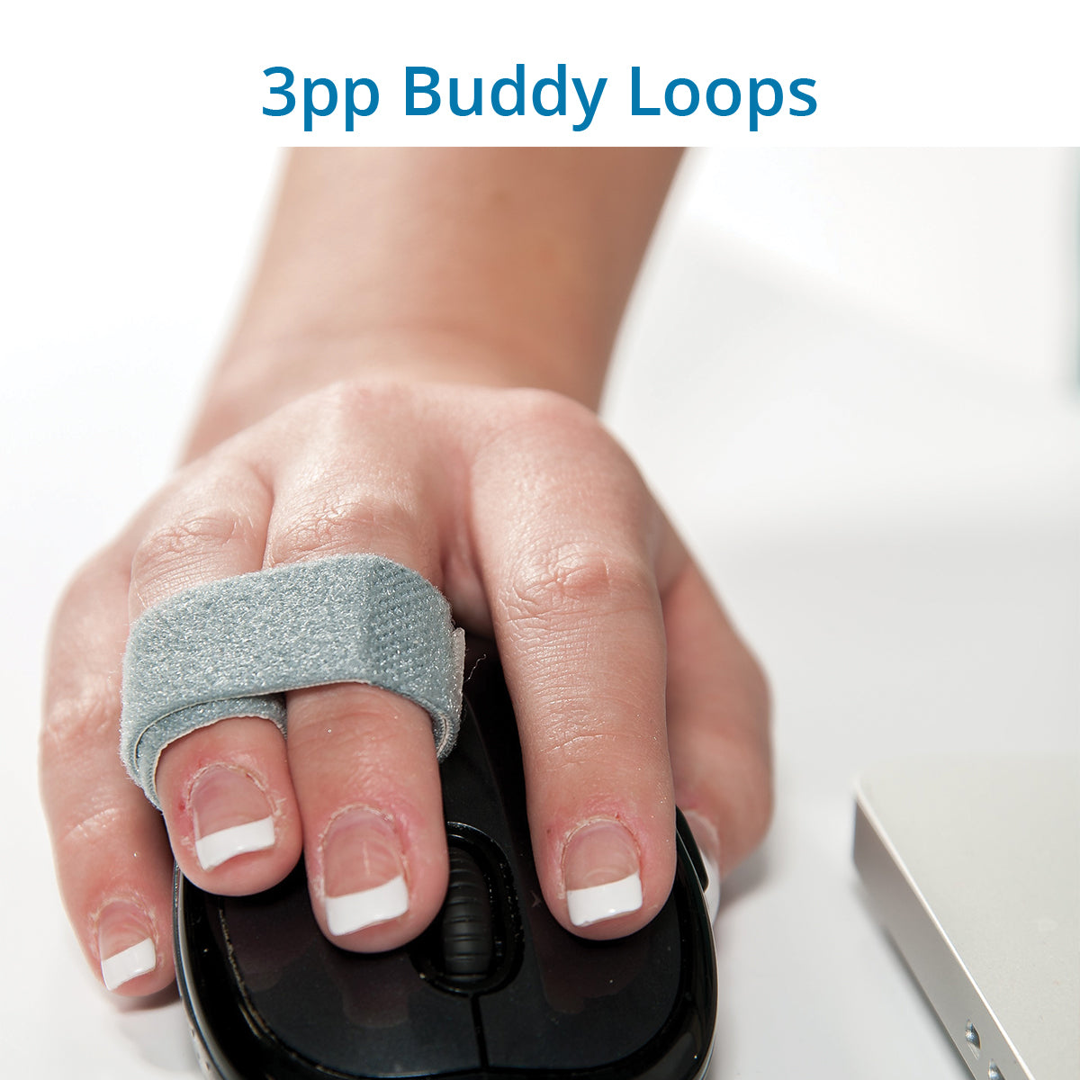 Gray 3pp Buddy Loops shown securing two fingers together, holding a mouse, with the loop in gray color, available in different widths to protect and support jammed, swollen, sprained, or broken fingers