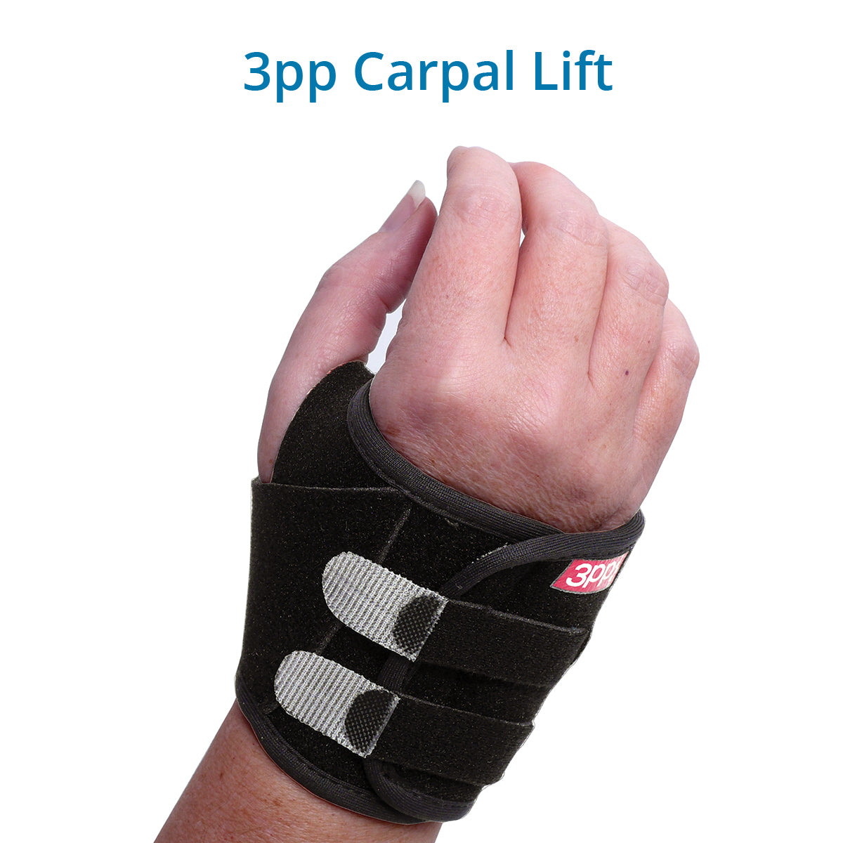 A hand wearing the 3pp Carpal Lift brace, which is black with two gray straps. The Carpal Lift  helps to reduce the pain from Ulnar Sided Wrist Pain, Midcarpal Instability, Triangular Fibrocartilage Complex (TFCC) injuries and other cases of wrist pain.