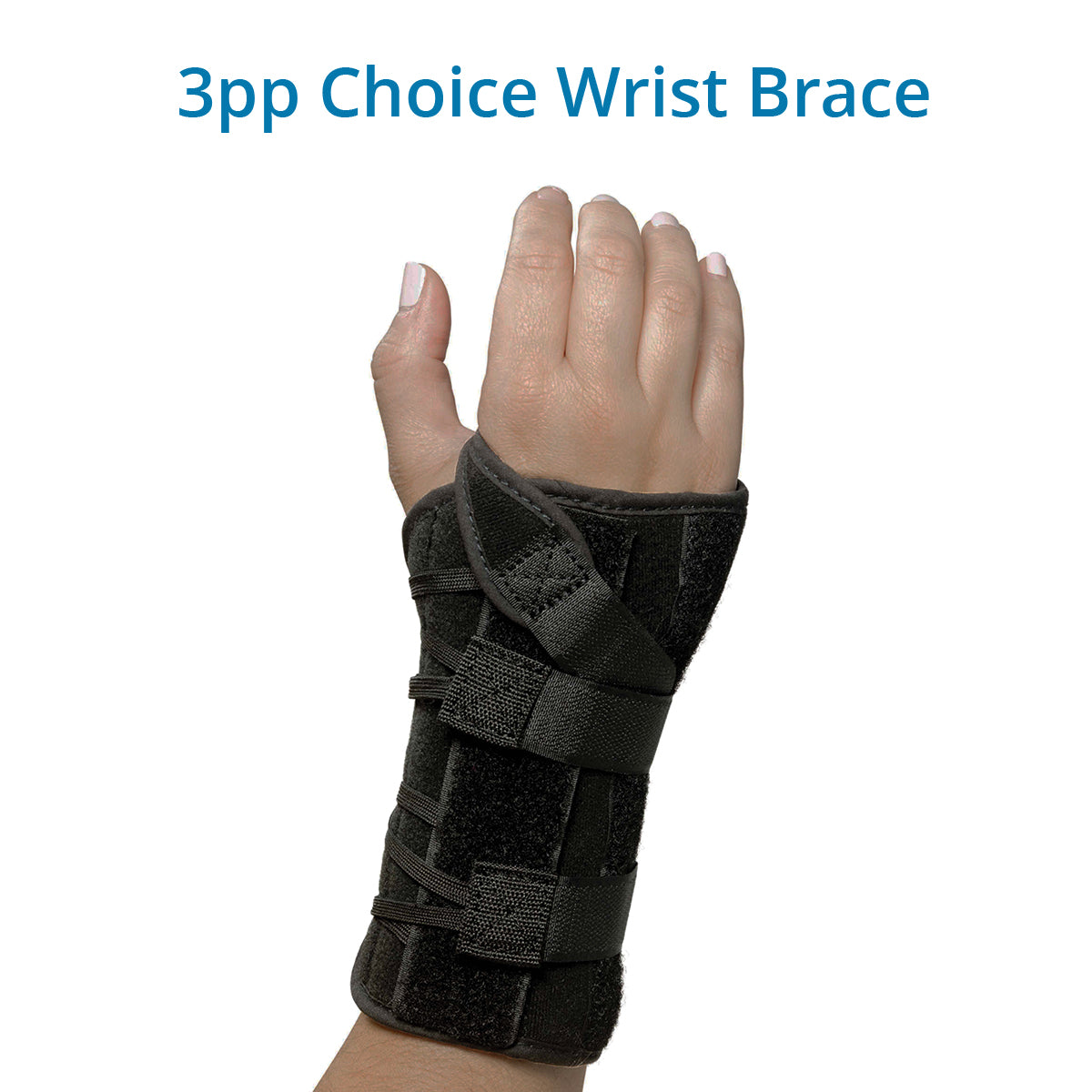A person's wrist wearing a black 3pp Choice Wrist Brace with straps and hook and loop closure.