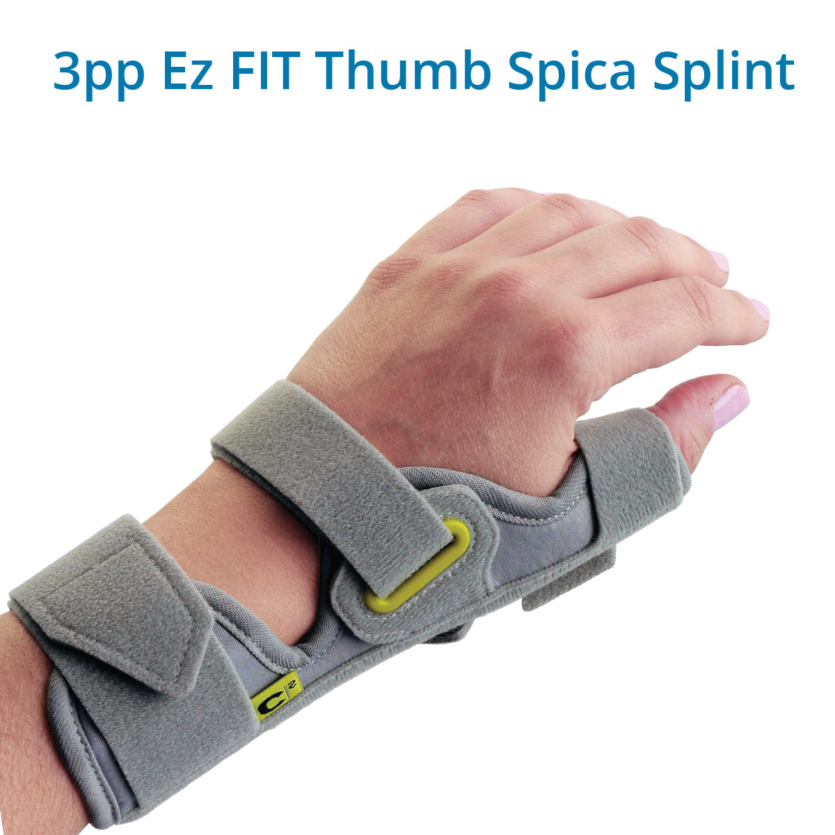 Gray 3pp EZ FIT Thumb Spica Splint shown on a hand, featuring adjustable straps and Velcro closure. Cushioned and lightweight, it supports the thumb and relieves pain from de Quervain’s tenosynovitis, Gamekeeper’s Thumb, Skier’s Thumb, or injuries needing rest.
