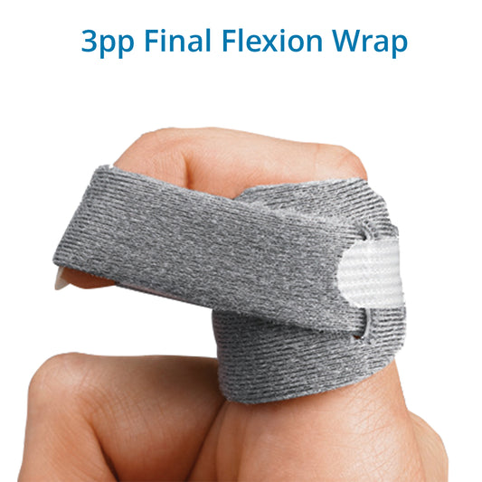 A gray 3pp Final Flexion Wrap shown on a finger, designed to gently stretch and support the fingers to improve flexibility, mobility, and recovery after injury or stiffness