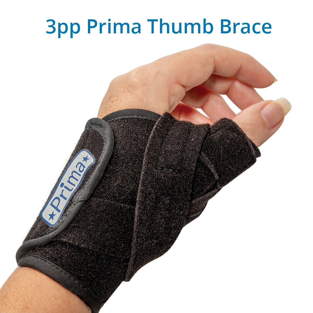 Black 3pp Prima Thumb Brace shown on a hand, featuring adjustable and contoured straps for targeted support and pain relief from CMC thumb arthritis