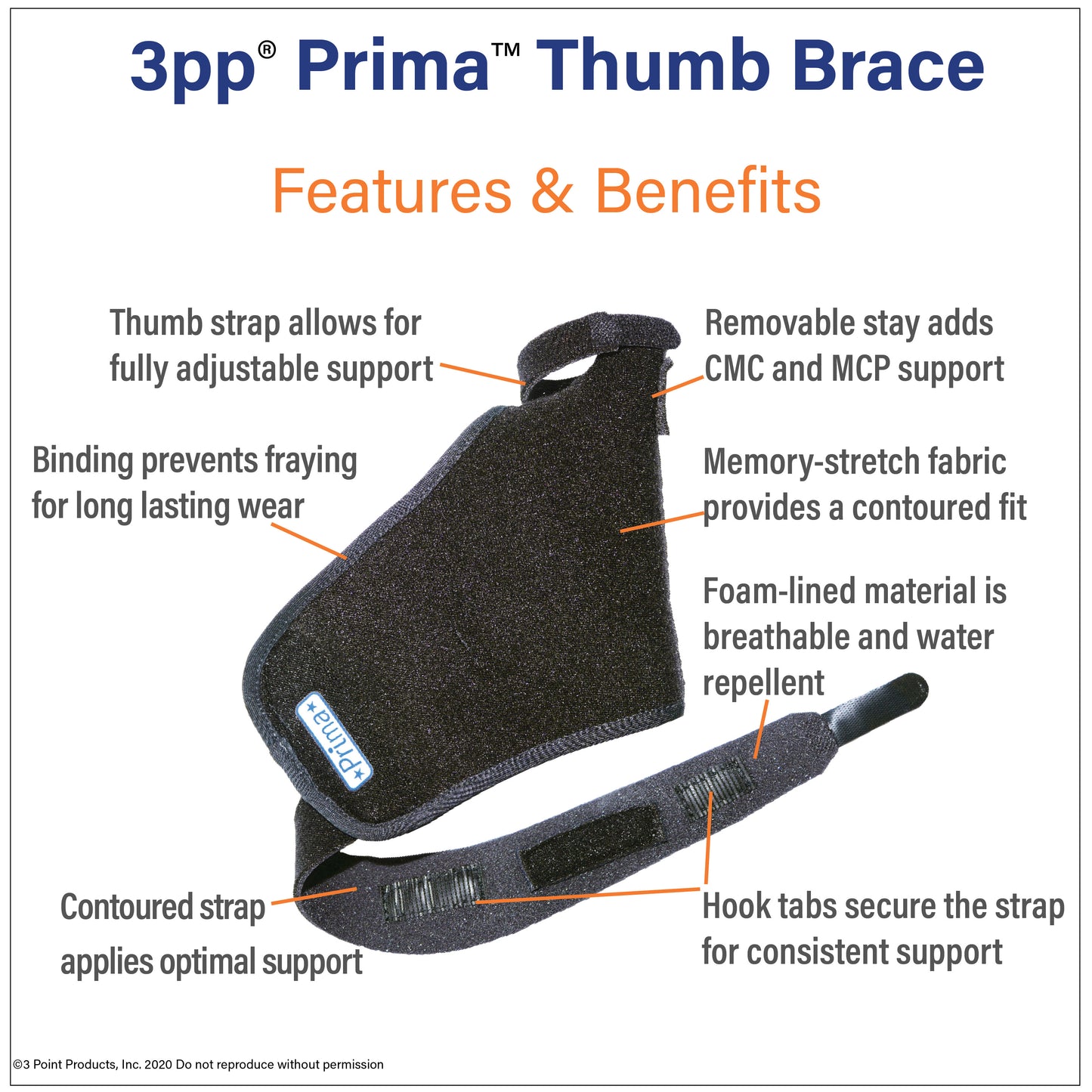 Shows the features and benefits of the 3pp Prima Thumb Brace for cmc thumb arthritis including a fully adjustable thumb strap and removable stay for added support.