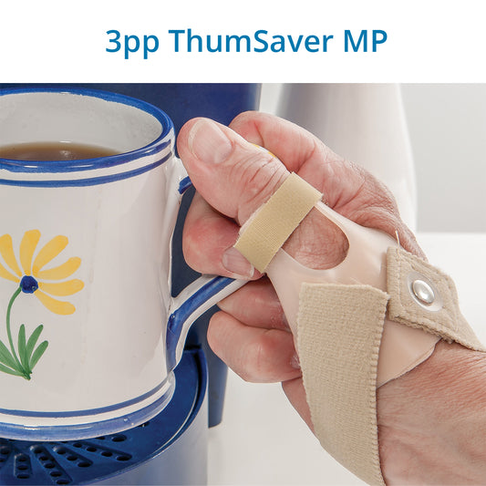 A hand wearing the beige 3pp ThumSaver MP, holding a cup. Featuring adjustable support for the thumb CMC/MP joints to relieve pain from arthritis, ligament injuries, and gamekeeper’s or skier’s thumb