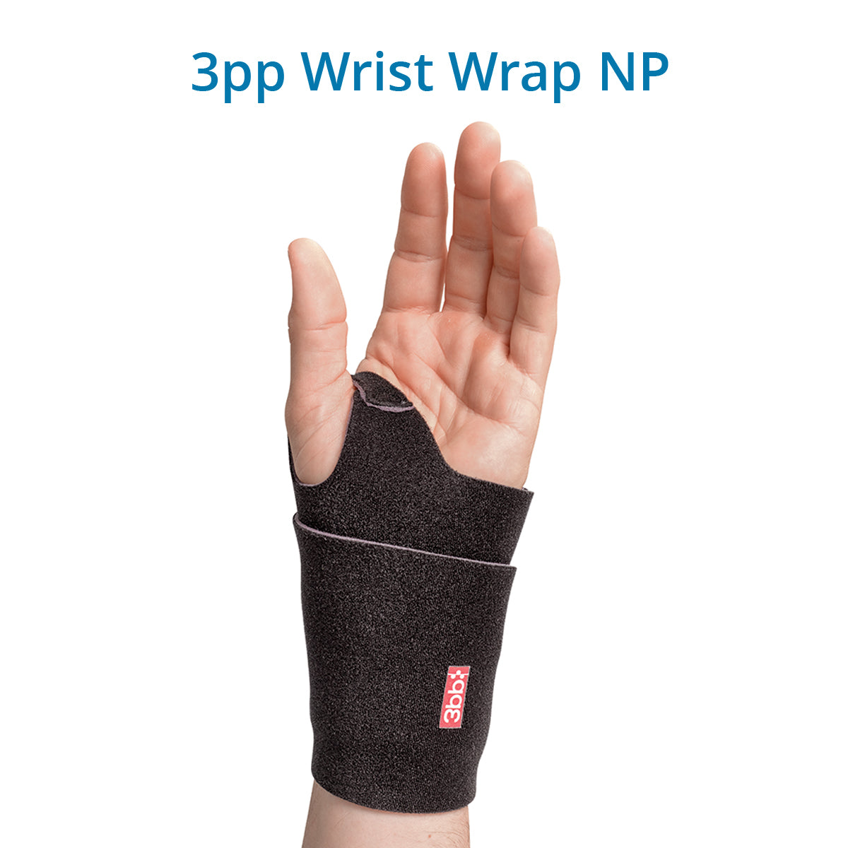 A person’s wrist wearing a black 3pp Wrist Wrap NP with a removable plastic stay for support. Provides relief from wrist pain caused by arthritis, Ehlers-Danlos syndrome, tendinitis, strains, or sprains