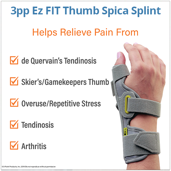 The 3pp ez fit thumb spica splint holds your thumb in position to relieve pain from de Quervain’s (aka Mommy's Thumb), Skier's & Gamekeeper's Thumb & overuse injuries.