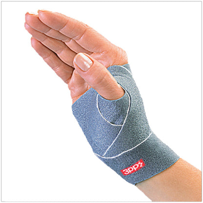 A hand wearing a gray 3pp ThumSling. The 3pp Thumsling effectively supports the CMC joint. Thin and flexible, provides occasional light support to relieve pain during activities that require gripping or pinching.