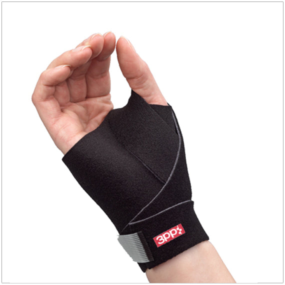 The 3pp ThumSling NP shown on a hand, featuring a wrap-around strap and foam lining for moderate, adjustable thumb support. Helps relieve pain from CMC thumb arthritis, hypermobility (EDS), tendinitis, or overuse discomfort