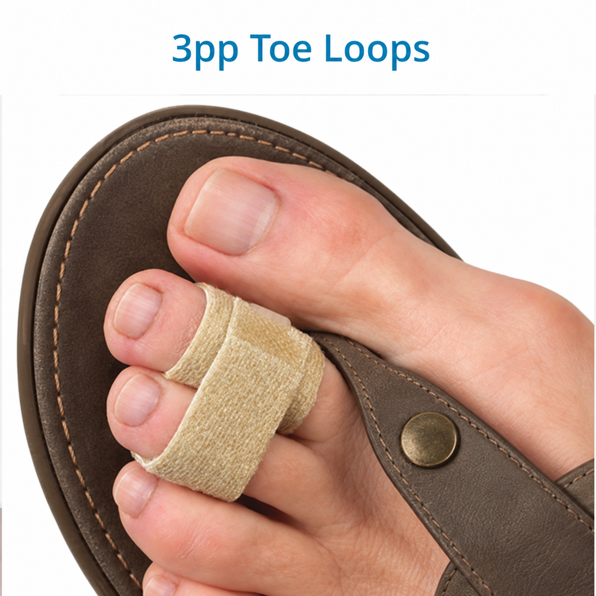 A foot wearing a beige colored 3pp Toe Loop inside a brown shoe, showcasing how the product is used to hold two toes together for a hurt or injured toe.