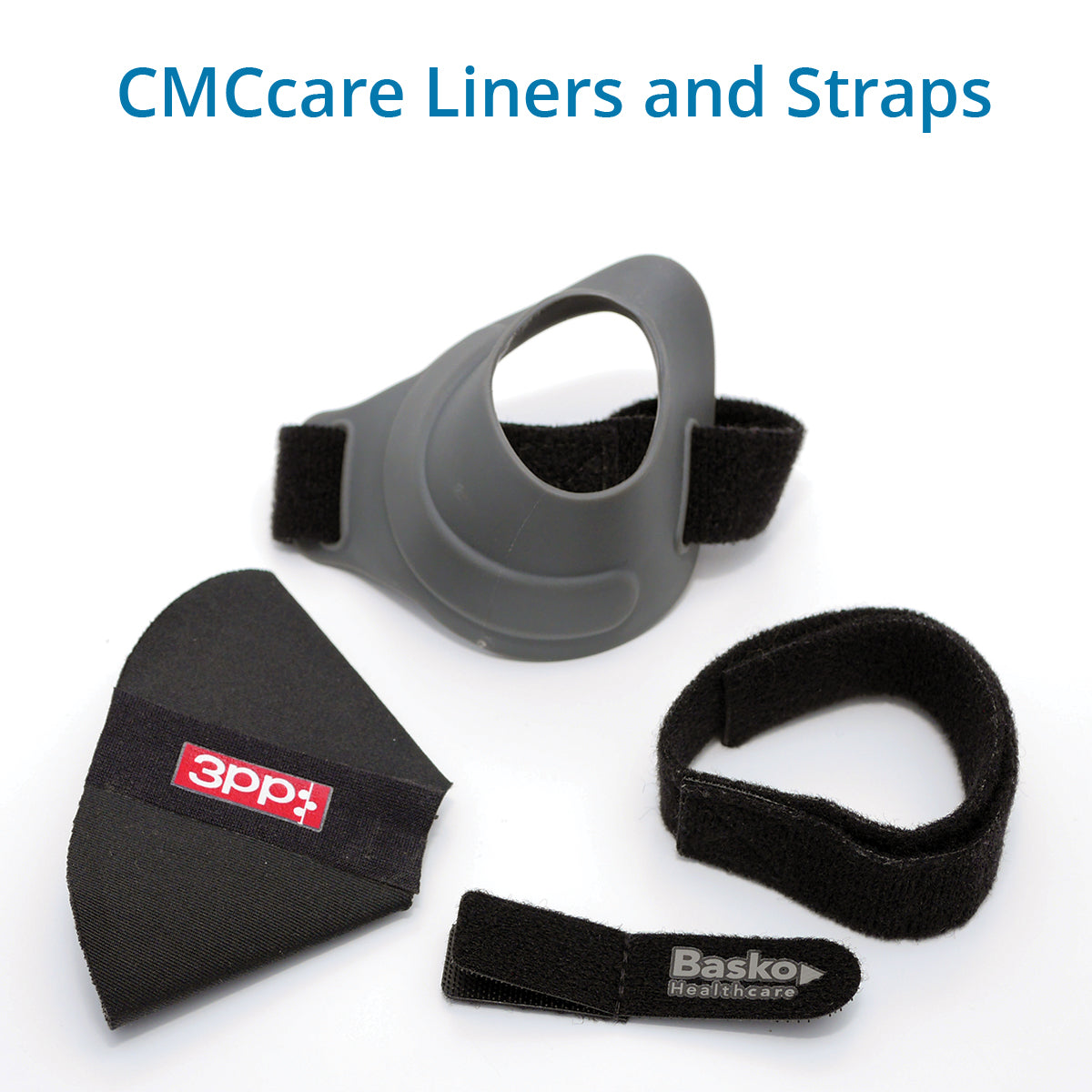 CMCcare branded liners and straps for the CMCcare thumb brace, including breathable, latex-free liners and adjustable straps with black tabs. Components are shown without the CMCcare thumb brace