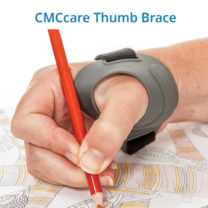 CMCcare Thumb Brace shown on a hand holding a colored pencil, featuring a slim, open design that stabilizes the CMC joint, relieves thumb arthritis pain, allows full movement, and fits under glove