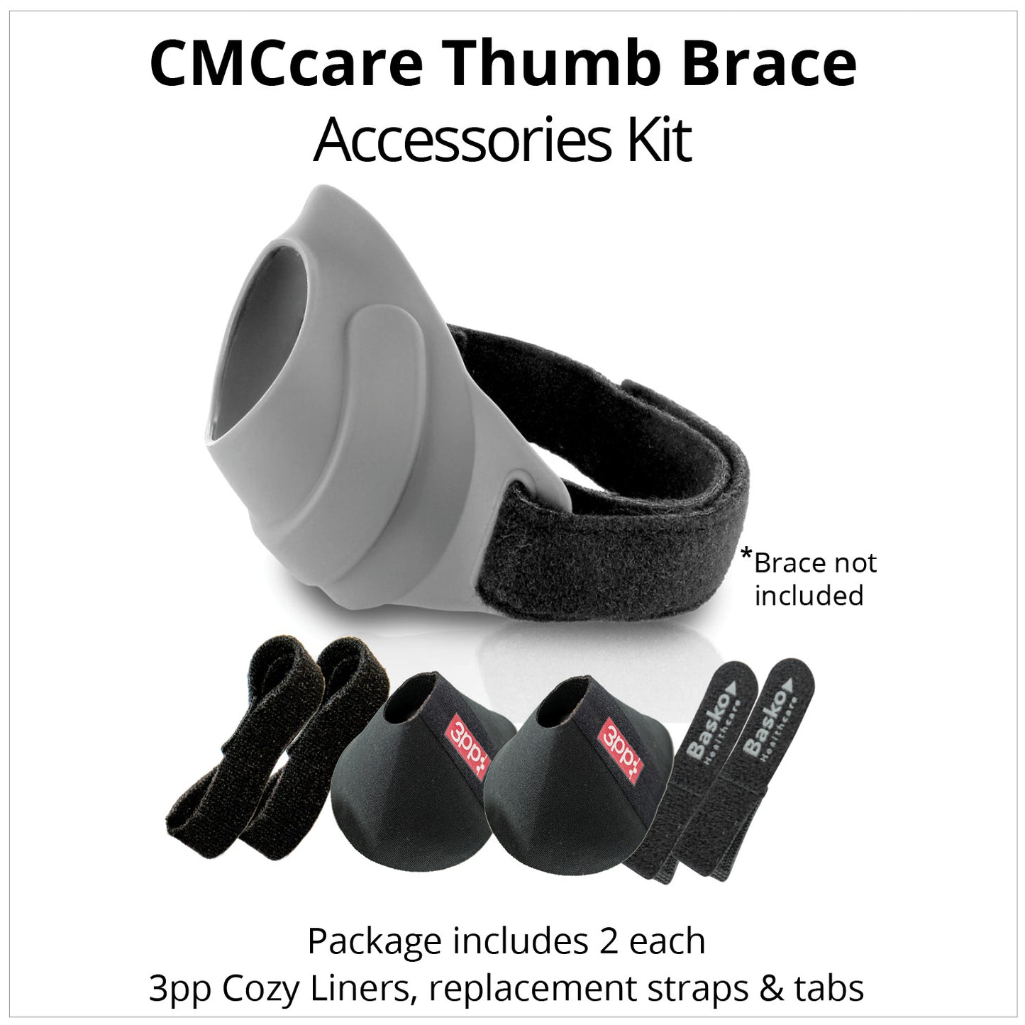 CMCcare thumb brace accessories kit include 2 each of branded cozy liners , replacement straps and tabs