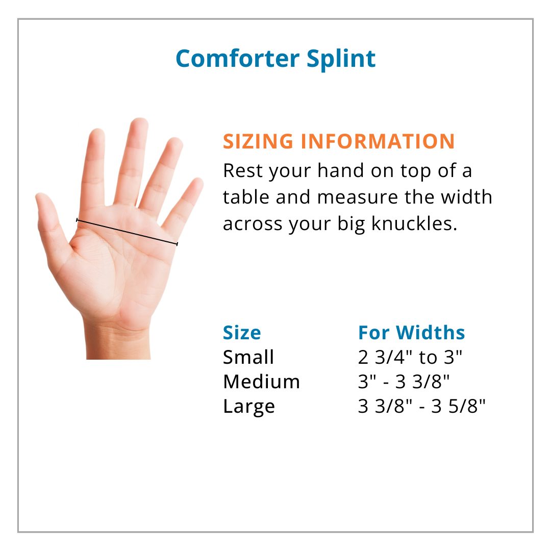 Comforter splint sizing information with a hand illustration and measurement guide.
