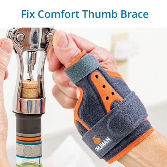 Fix Comfort Thumb Brace shown on a hand gripping a corkscrew, featuring Velcro straps and a lightweight interior aluminum frame. Provides thumb joint stabilization, reduces strain from arthritis, gamekeeper’s or skier’s thumb, and overuse injuries, while allowing daily tasks with comfort.