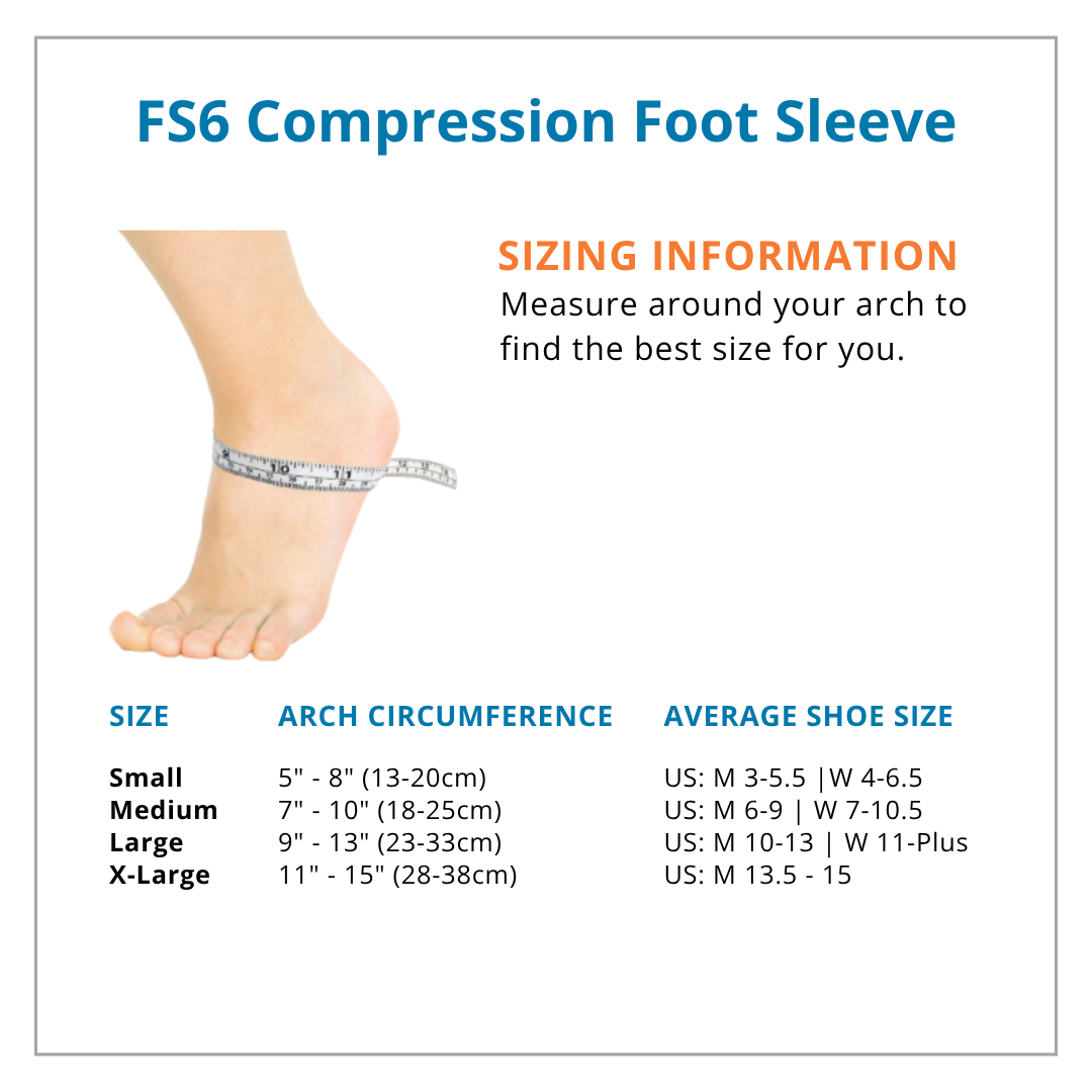 Sizing chart for FS6 Compression Foot Sleeve with foot measurement and size guide.