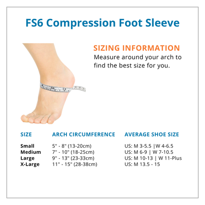 Sizing chart for FS6 Compression Foot Sleeve with foot measurement and size guide.