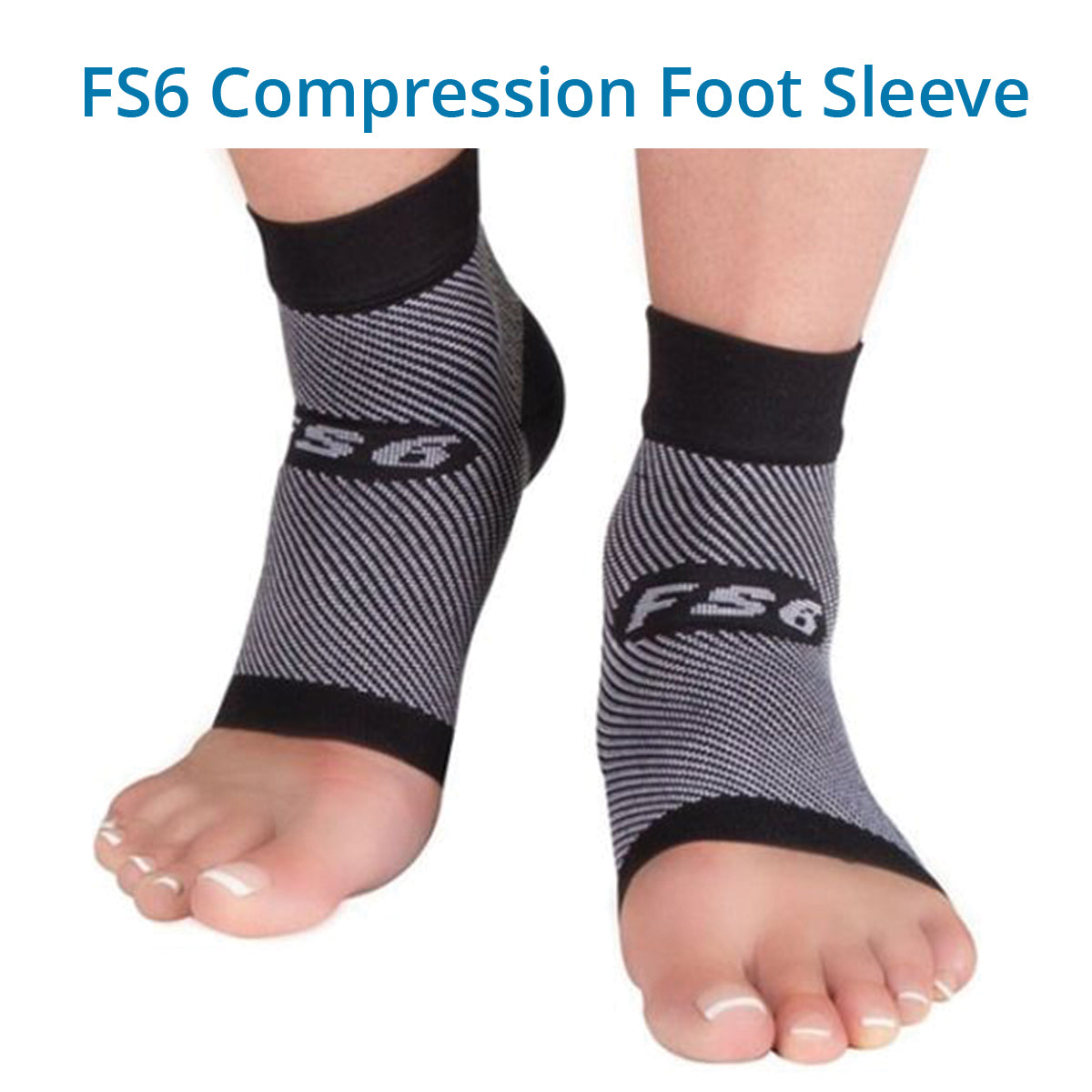 A person wearing a pair of FS6 Compression Foot Sleeves in black and gray, designed to provide graduated compression and support for plantar fasciitis, foot pain, and swelling relief.