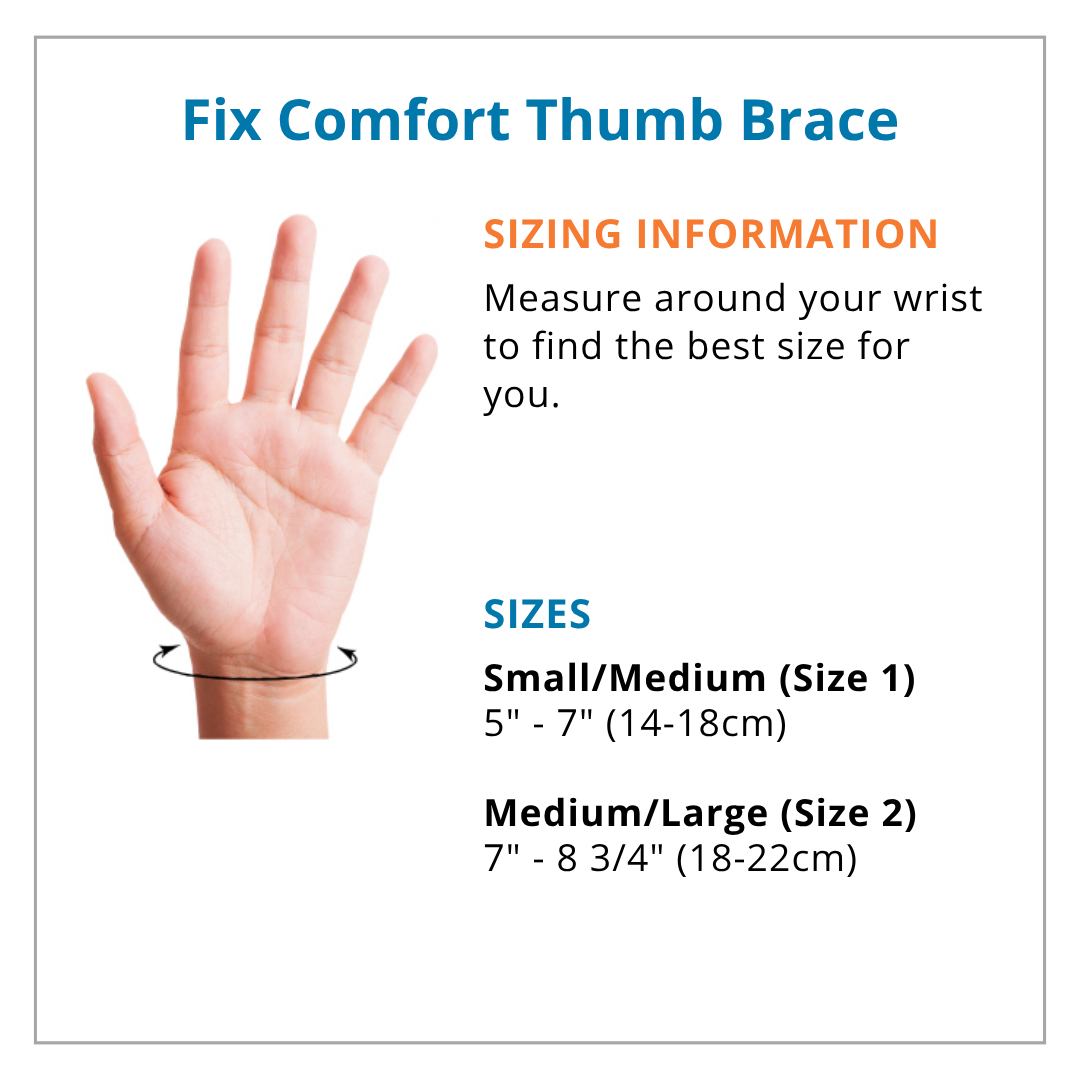 Measurement guide for Fix Comfort Thumb Brace with hand illustration and size chart.