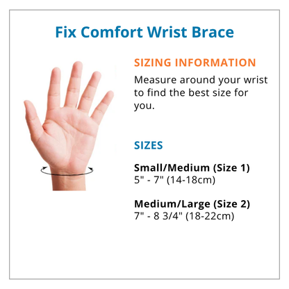 Sizing chart for a Fix Comfort Wrist Brace with hand measurement and size information.