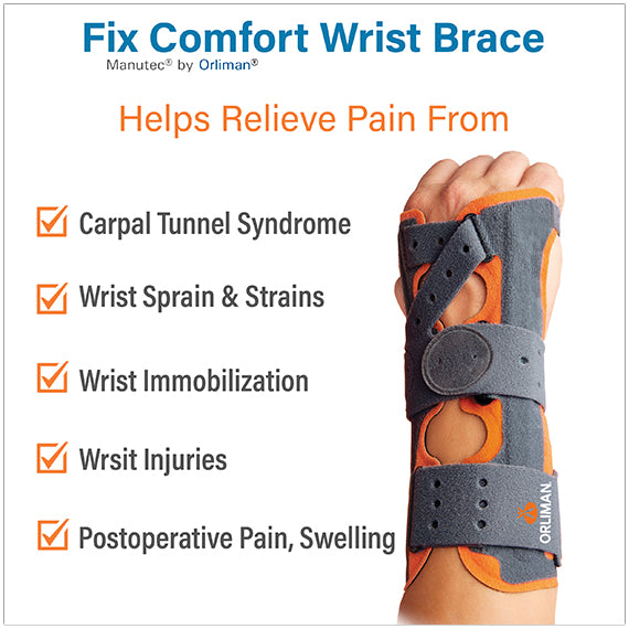 Fix Comfort Wrist Brace -  helps reduce pain and symptoms of Carpal Tunnel Syndrome, provides support and rest for Wrist Sprains or Ligament Injuries, and gives protection after surgery or cast removal. 