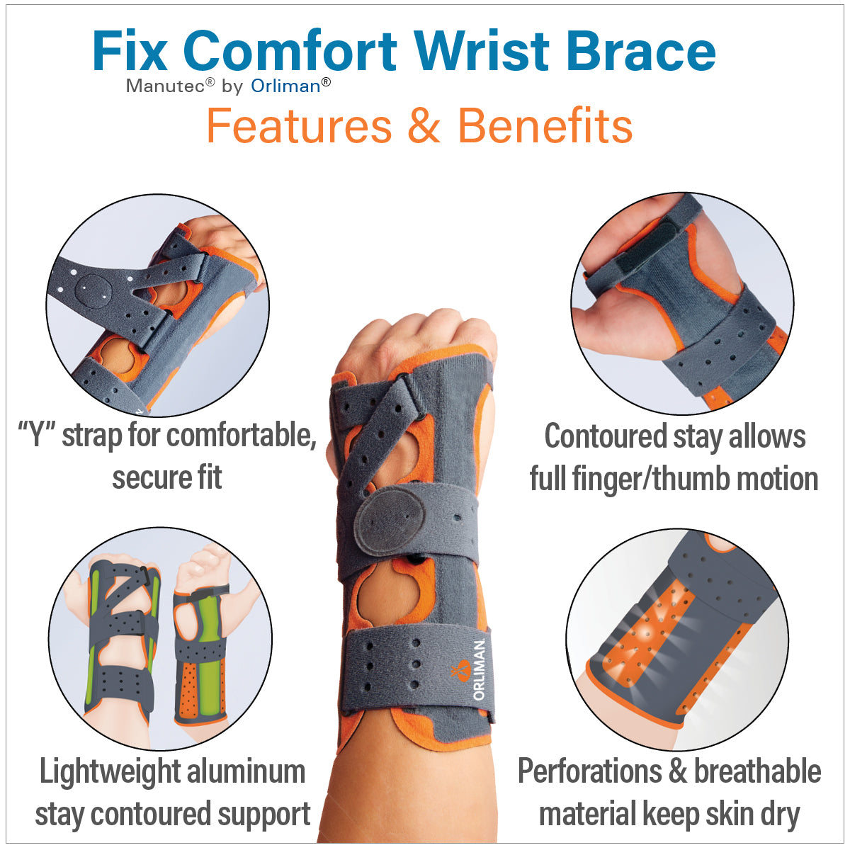 Fix Comfort Wrist Brace is a plush wrist brace that offers superior comfort & control to relieve Carpal Tunnel symptoms, aid ligament healing & support post-surgery or cast removal .  Open-air design and large fabric perforations ensure comfortable airflow for all-day or all-night wear  