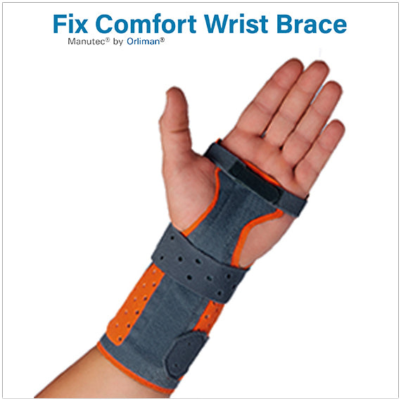 A person’s hand wearing the Fix Comfort Wrist Brace in  gray with orange with multiple Velcro straps. Provides support for wrist pain, Carpal Tunnel Syndrome, sprains, ligament injuries, and protection after surgery or cast removal.