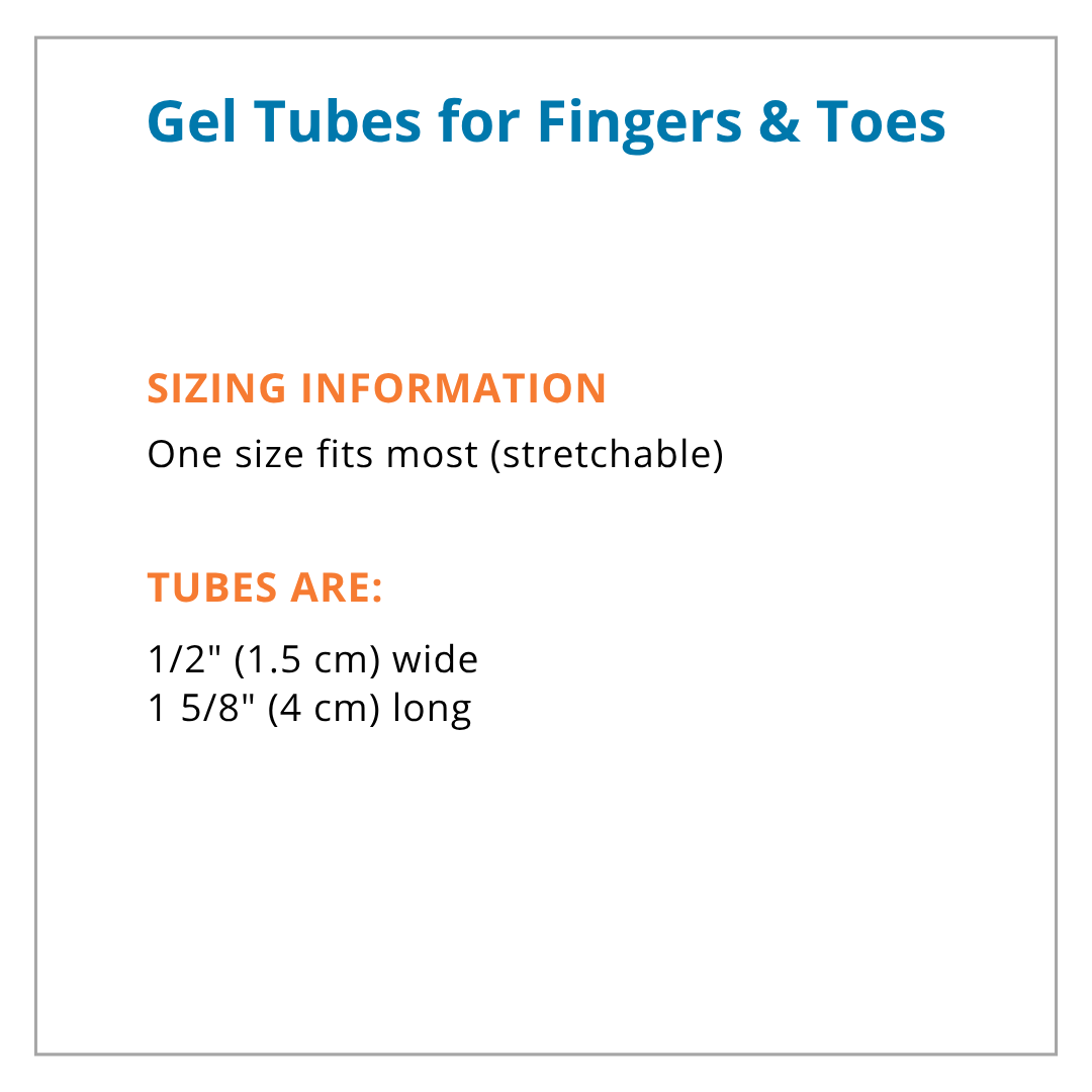 Information card about gel tubes for fingers and toes with sizing details.