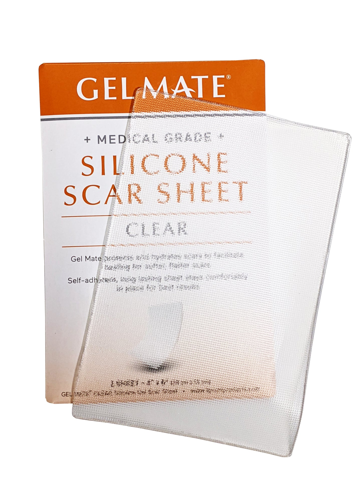 Gel Mate® clear silicone sheets package shown for covering scars, providing a protective barrier that hydrates skin to promote softer, flatter scar healing