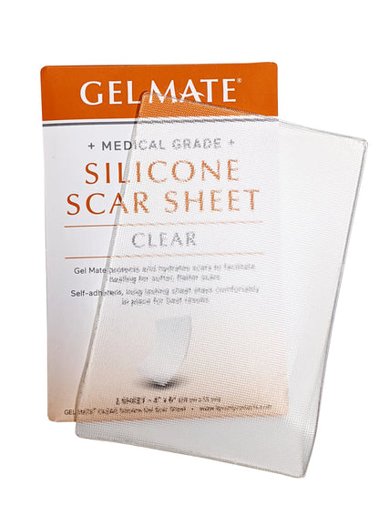 Gel Mate® clear silicone sheets package shown for covering scars, providing a protective barrier that hydrates skin to promote softer, flatter scar healing