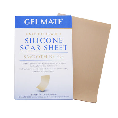 Smooth beige Gel Mate® silicone sheets package shown. Gel Mate provides protection and hydration to promote softer, flatter scar healing