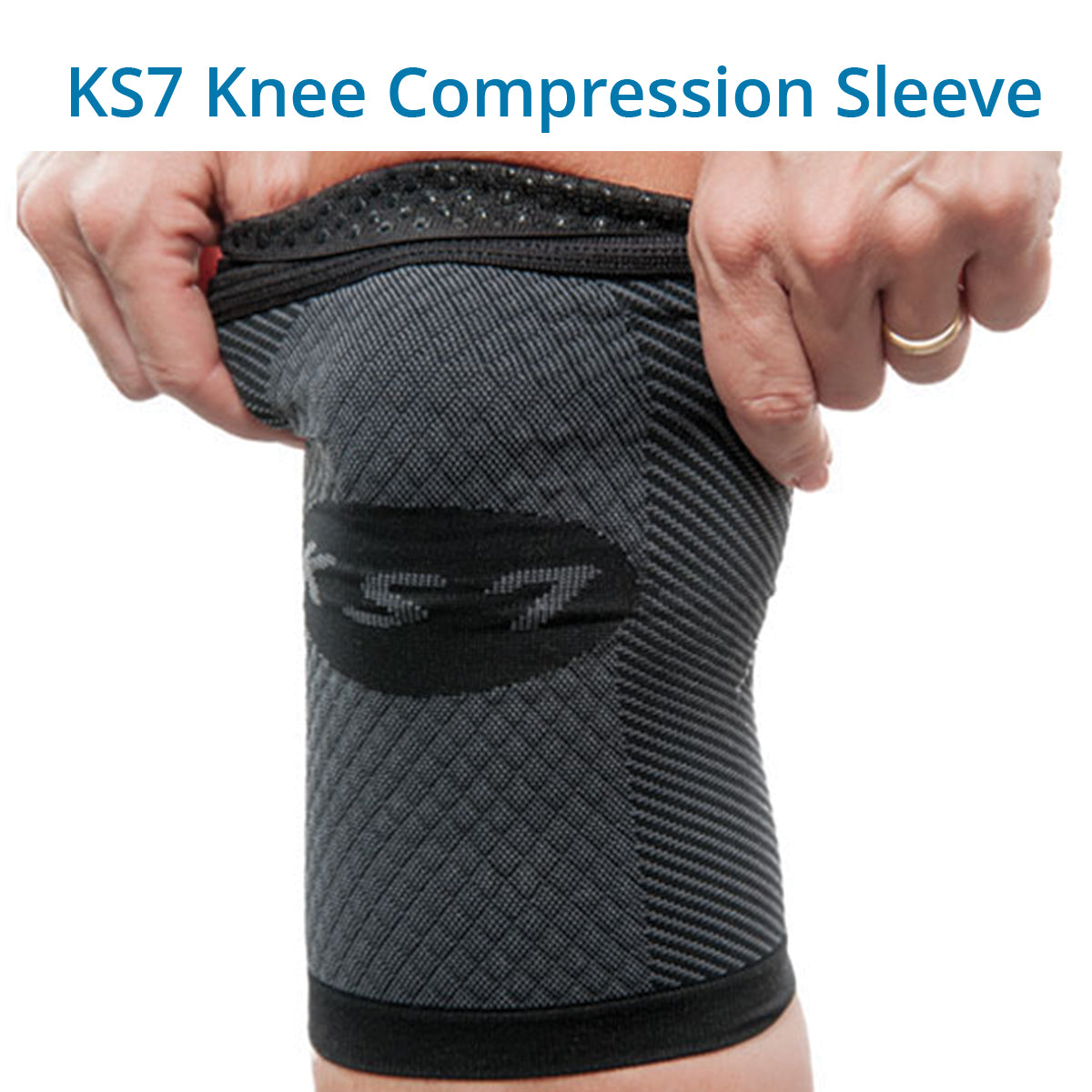 A person is shown wearing a black KS7 Knee Compression Sleeve, which is designed to fit the knee and provide support with its compression features.