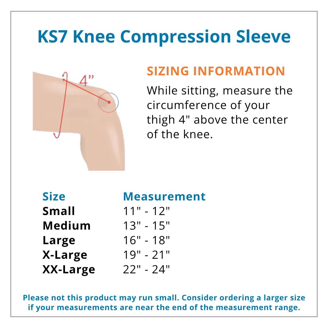 Sizing chart for KS7 Knee Compression Sleeve with measurement guide and size chart.