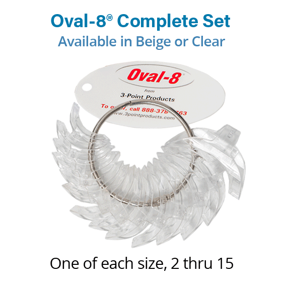 A set of clear oval-8 finger splints on a ring, labeled ‘Oval-8 Complete Set.’ Includes one of each of the 14 sizes, offering the full range of Oval-8 splints. Available in beige and clear