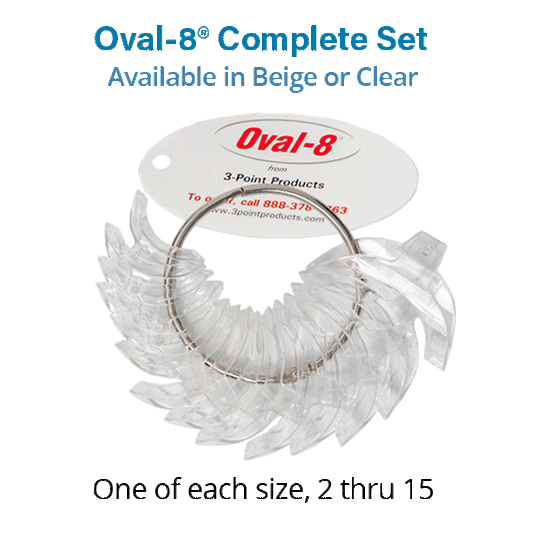 A set of clear oval-8 finger splints on a ring, labeled ‘Oval-8 Complete Set.’ Includes one of each of the 14 sizes, offering the full range of Oval-8 splints. Available in beige and clear