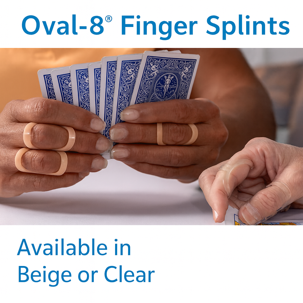 Beige and clear Oval-8 Finger Splints worn on a person’s fingers while playing cards, supporting alignment, relieving pain, and aiding mobility for arthritis and other finger conditions