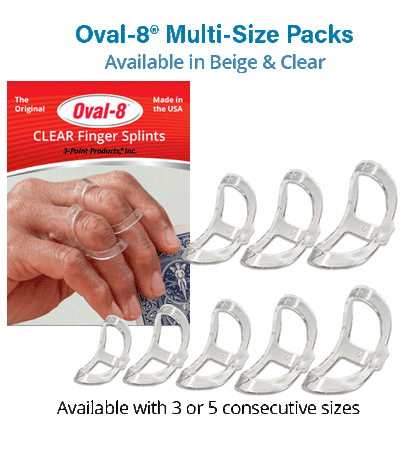 Oval-8 Finger Splints Multi Size Sets with 3 or 5 consecutive size splints provide a mix of sizes to assure a proper fit now, and if your finger or thumb changes over time.