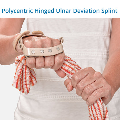 A person is wearing a Polycentric Hinged Ulnar Deviation Splint on their hand, which is designed to straighten the fingers and improve hand function.