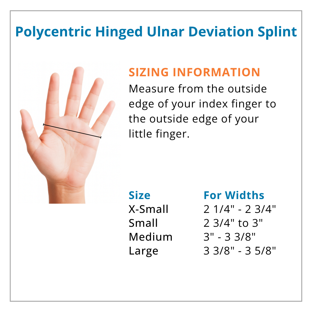 Sizing chart for a polycentric hinged ulnar deviation splint with a hand illustration.