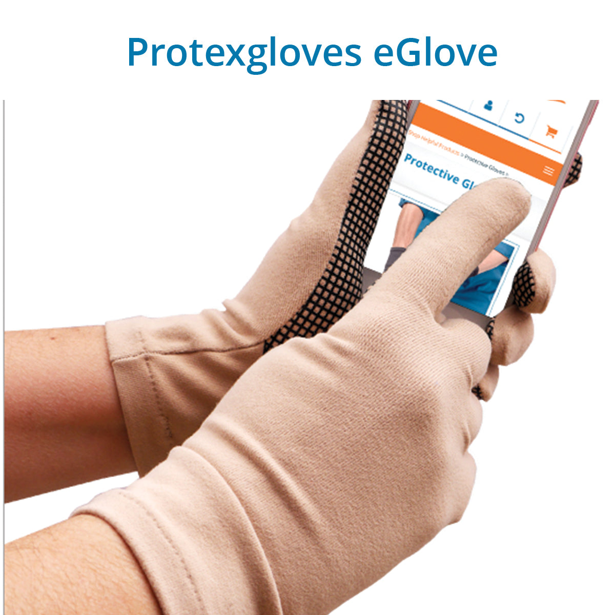 A person wearing beige Protexgloves eGlove with a black diamond pattern, using a touchscreen device.