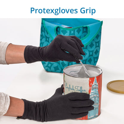 A person wearing black Protexgloves Grip is handling a can, with a blue bag visible in the background.